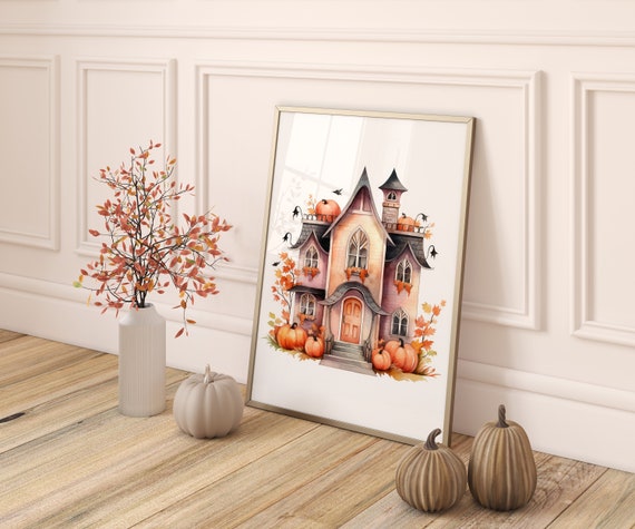 Pink Halloween Pumpkin House Wall Art Kids Decor Room Prints Nursery