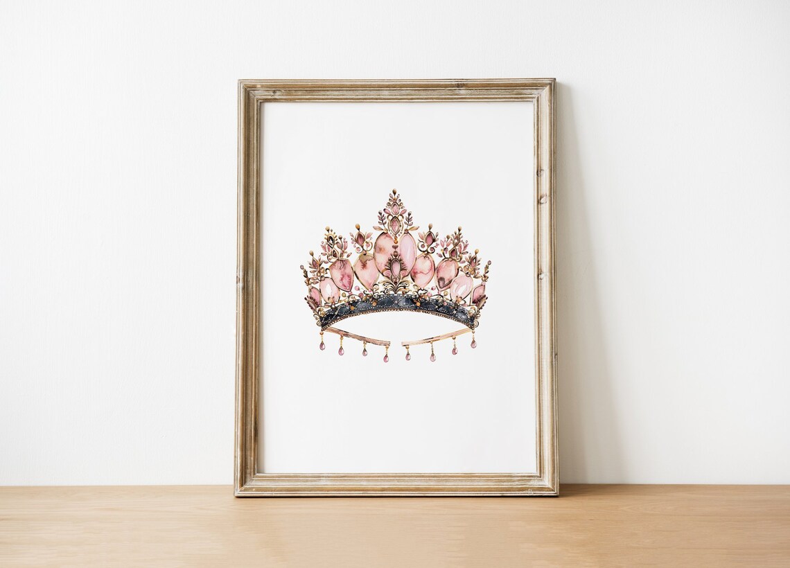 Pink Jeweled Princess Crown Tiara Watercolor Girls Room Nursery Feminine Art Poster