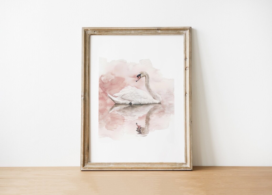 Elegant White Swan Watercolor Pink Lake Reflection Art Poster