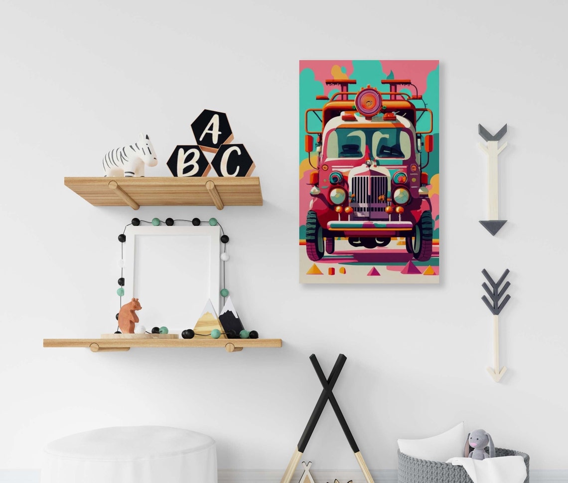 Retro Red Fire Truck Front View With Rooftop Ladder Gear Poster - Image 2