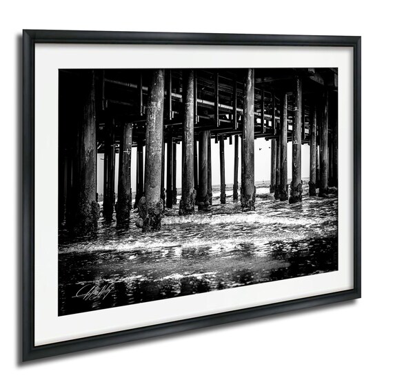 Under the Pier Coastal Pilings Black and White Ocean Photo Poster