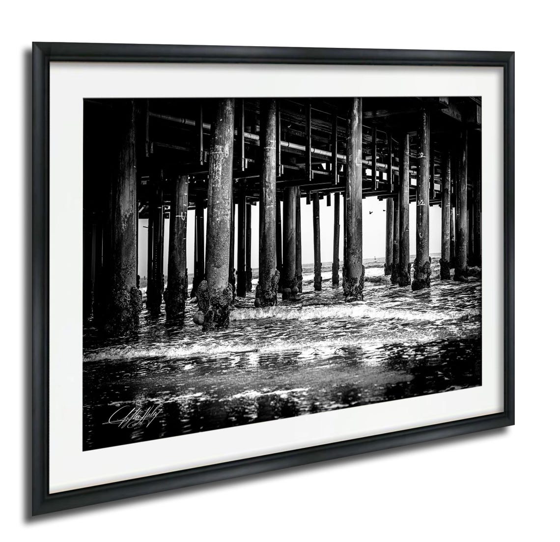 Under the Pier Coastal Pilings Black and White Ocean Photo Poster