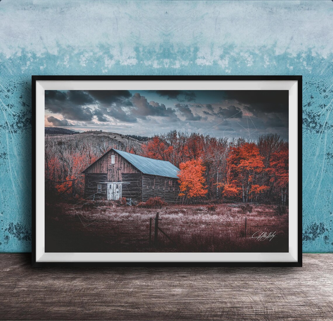 Rustic Log Barn in Red Autumn Forest Moody Countryside Photo Poster