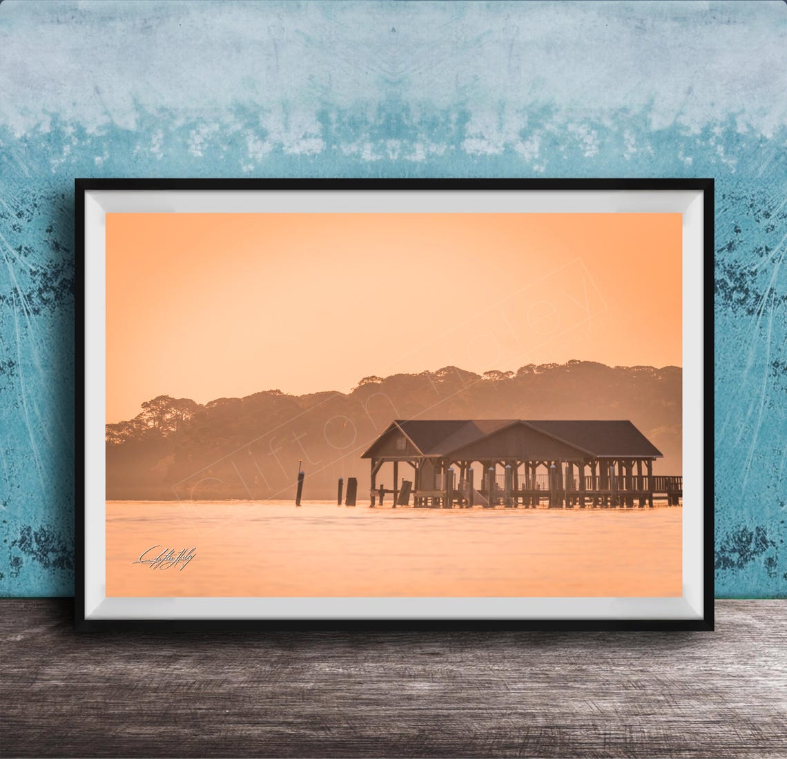 Boathouse Dock Sunrise Golden Orange Calm Water Scene Wall Art