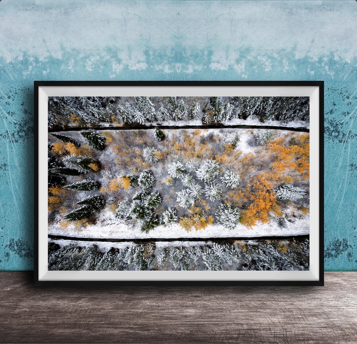 Autumn Aspen Forest Aerial View Golden Trees Snow Landscape Poster