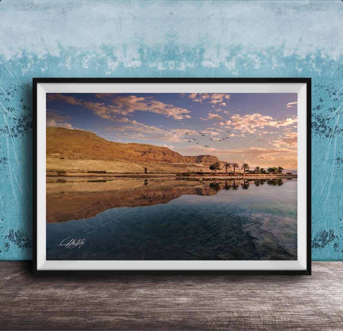Desert Lake Sunrise Warm Glow Mirror Reflection Shore Photo Poster