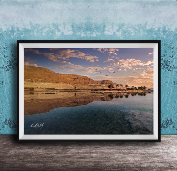 Desert Lake Sunrise Warm Glow Mirror Reflection Shore Photo Poster