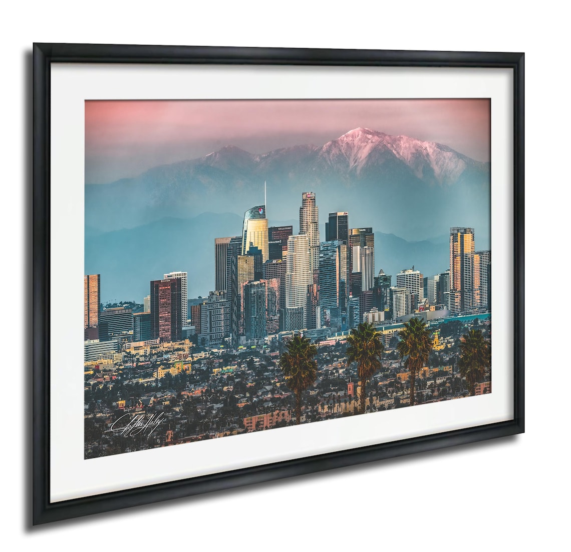 Los Angeles Skyline Pastel Sunset Snowy Mountains Photography Print