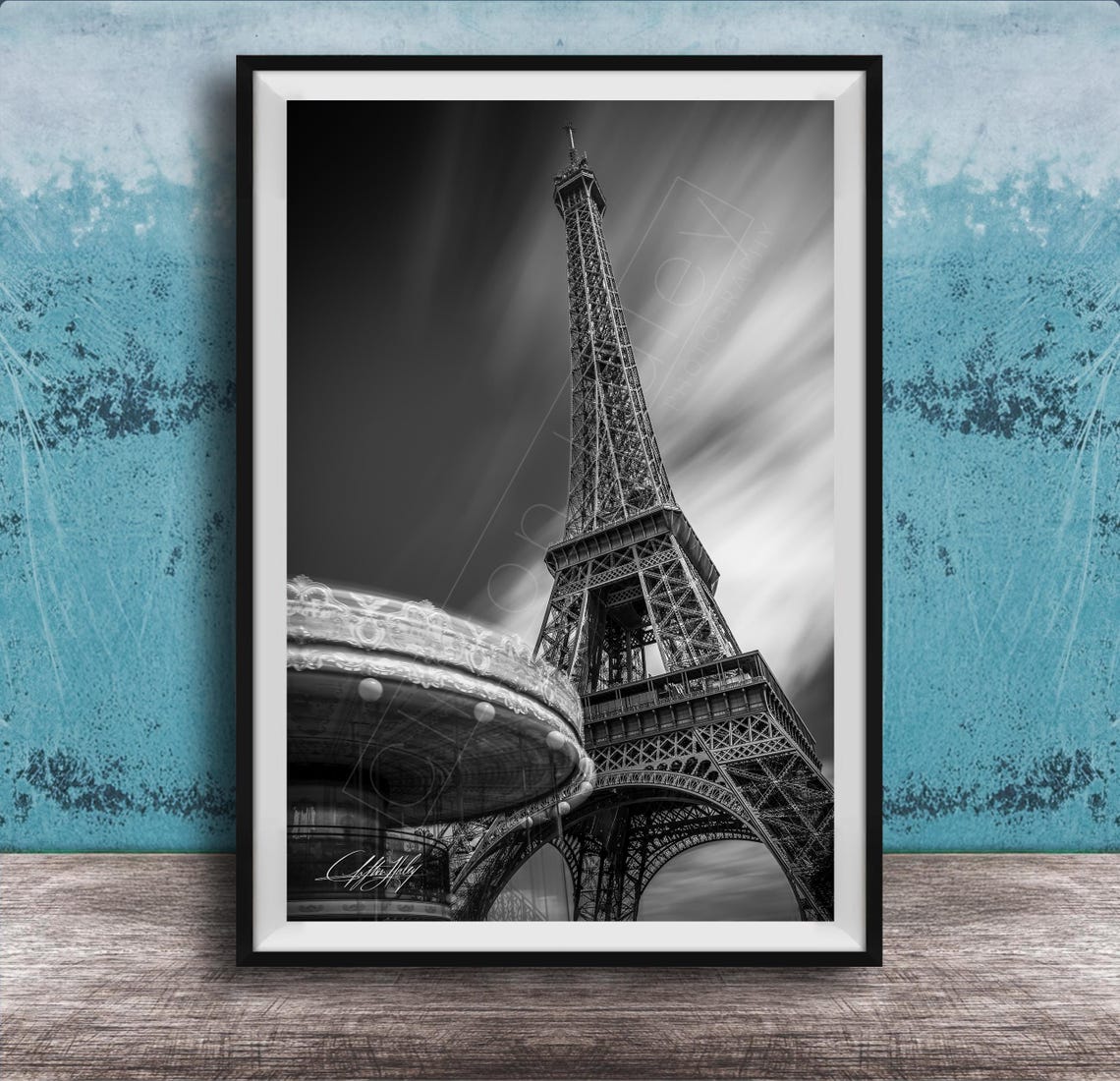 Eiffel Tower And Paris Carousel Black And White Long Exposure Poster