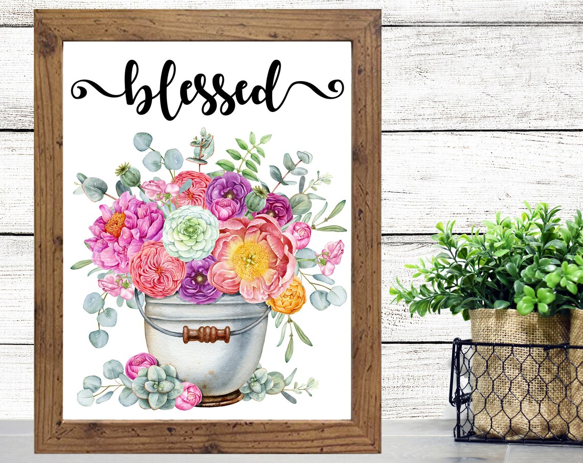 Blessed Calligraphy Colorful Floral Bucket Watercolor Poster