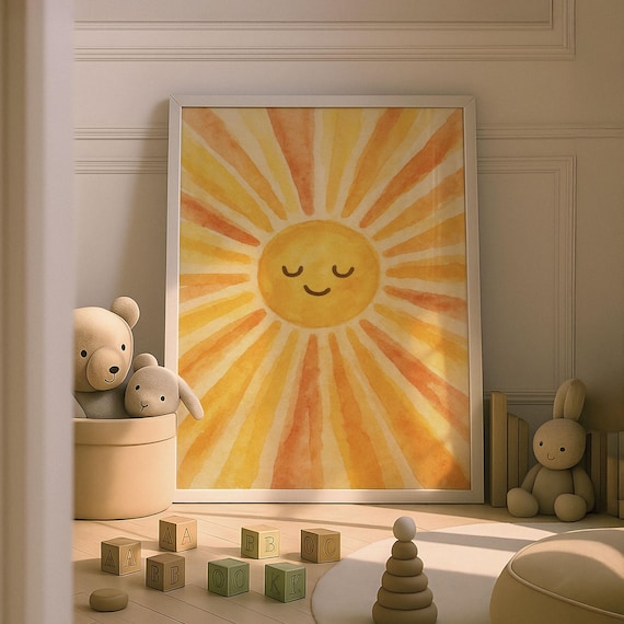 Joyful Smiling Sun Nursery Watercolor Happy Sunshine Kids Room Art Poster