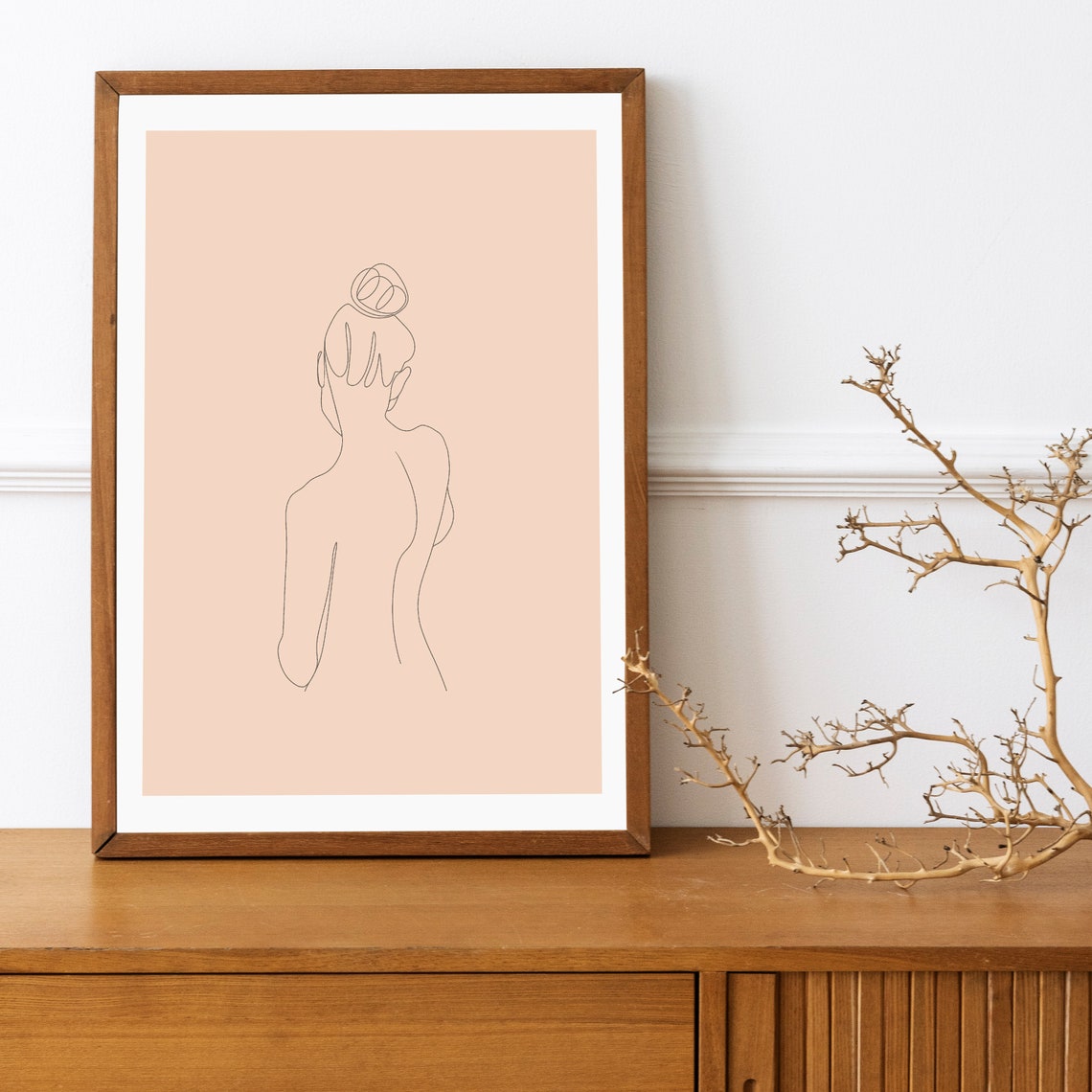 Elegant Female Back View Hair Bun Minimalist Line Art Peach Poster