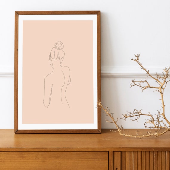 Elegant Female Back View Hair Bun Minimalist Line Art Peach Poster