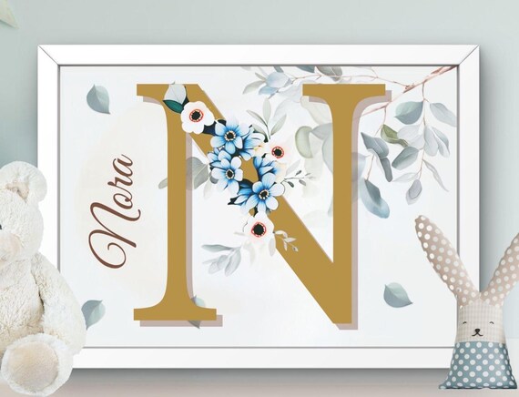 Nora Floral Letter N Gold Monogram Baby Blue Flowers Nursery Print