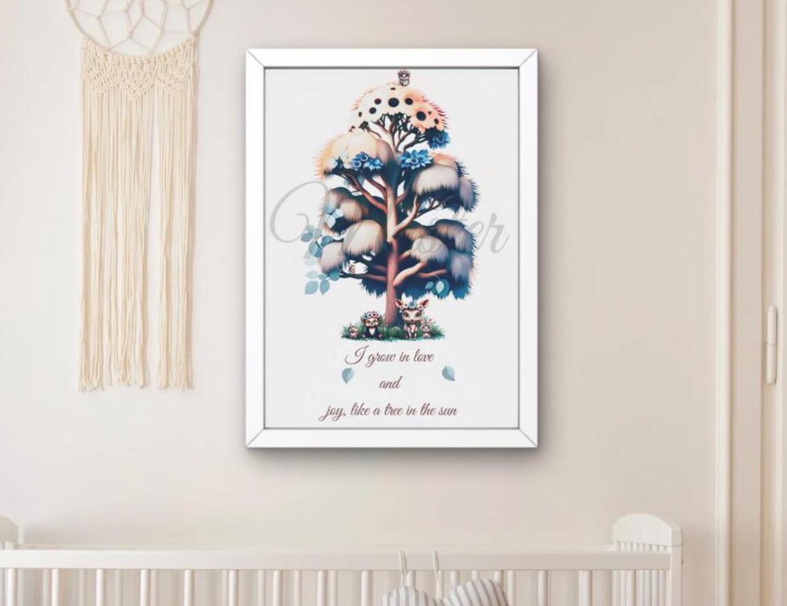 Whimsical Tree Baby Animals Grow in Love Quote Nursery Wall Art