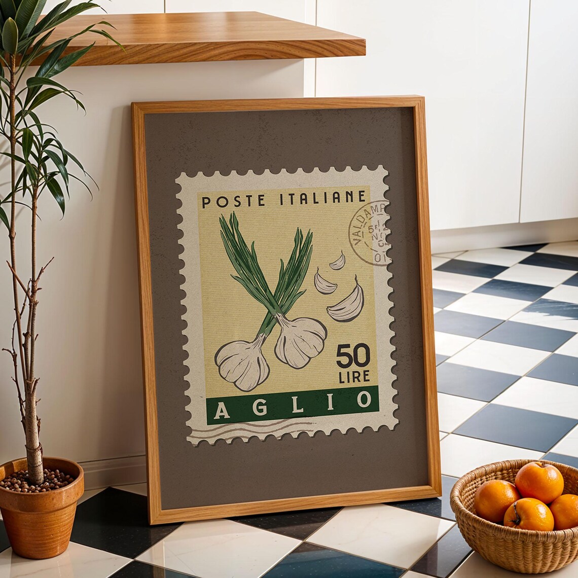 Garlic Italian Postage Stamp Retro Kitchen Vintage Food Poster