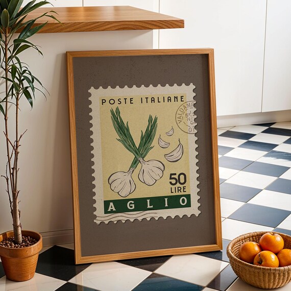 Garlic Italian Postage Stamp Retro Kitchen Vintage Food Poster