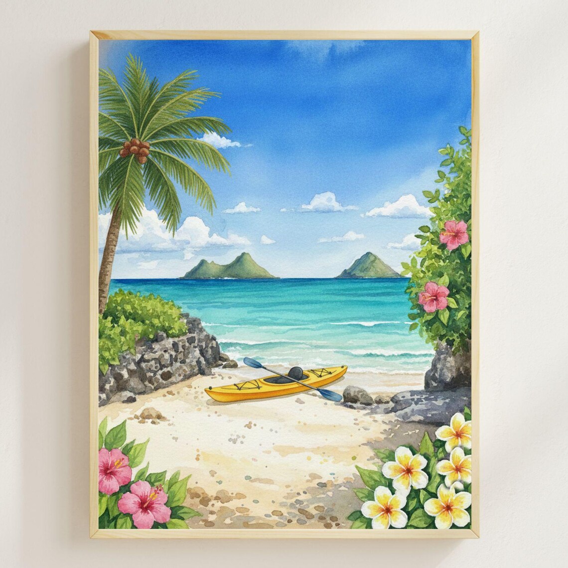 Lanikai Beach Watercolor Print, Oahu Coastal Art