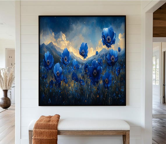 Blue Poppy Art Print, Serene Mountain Landscape