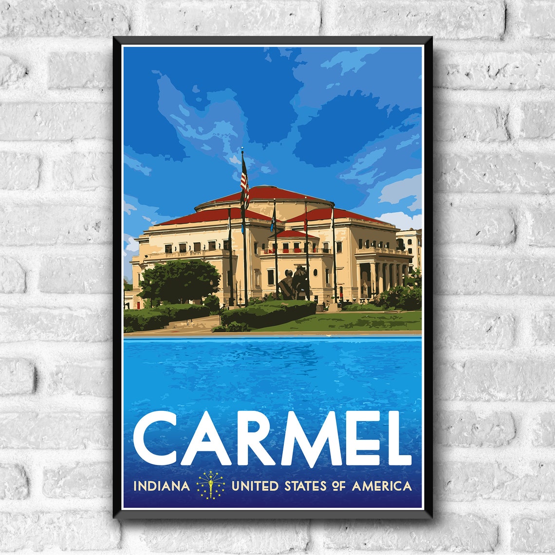 Carmel Indiana Vintage Travel Poster Concert Hall Flags Blue Sky Art - Image 3