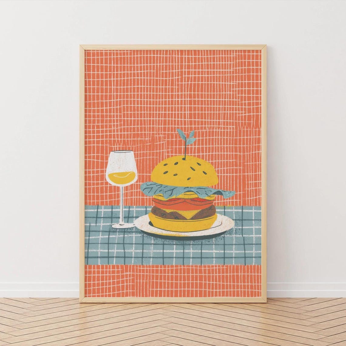 Retro Cheeseburger and Wine Glass Kitchen Illustration Poster