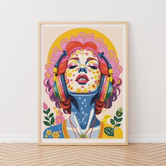 Funky Girl With Headphones Art Print Dj Pop Poster