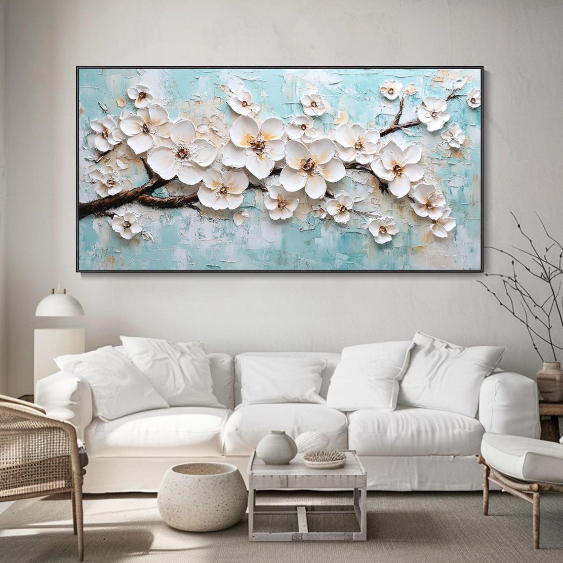 White Cherry Blossoms Branch Textured Spring Floral Art Poster - Image 5