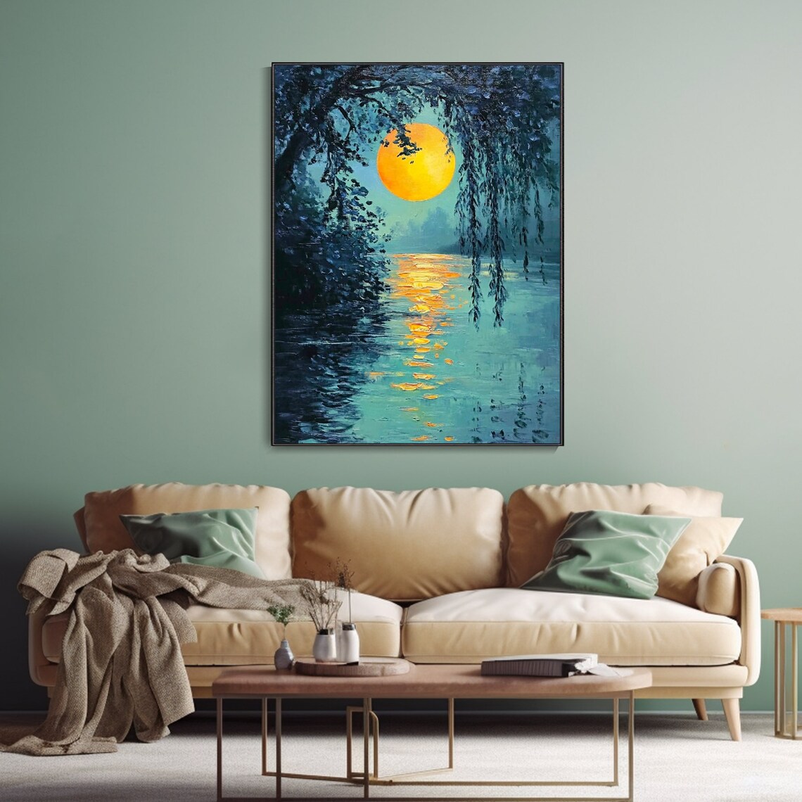 Moonlight Lakeside Reflection Nightscape Oil Painting Forest Moon Wall Art Tranquility Painting Original Landscape Artwork Wall Decor - Image 3