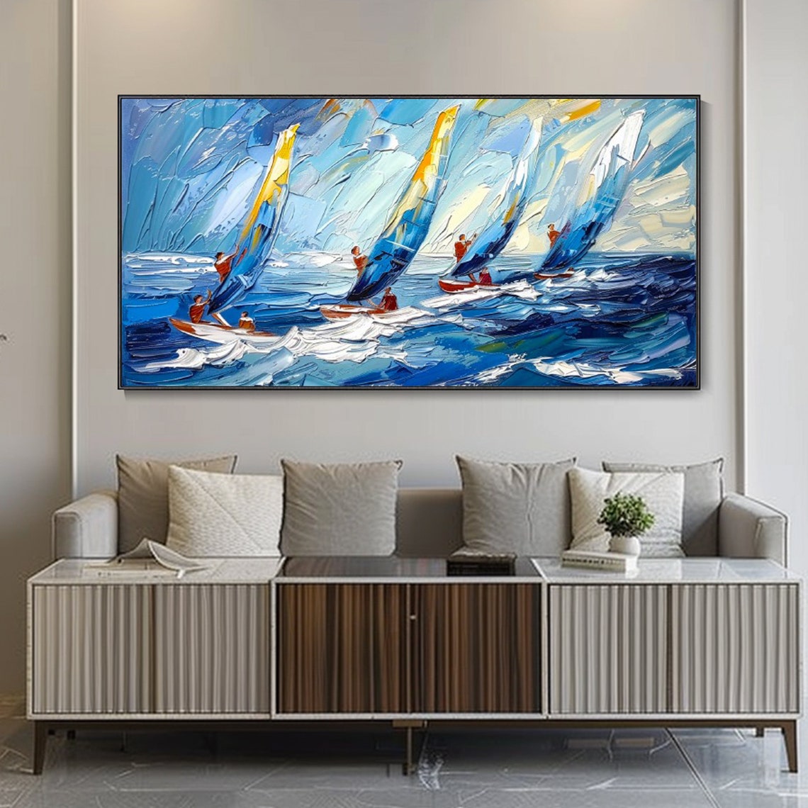 Windsurfers Riding Blue Ocean Waves Colorful Sails Seascape Art Poster - Image 4