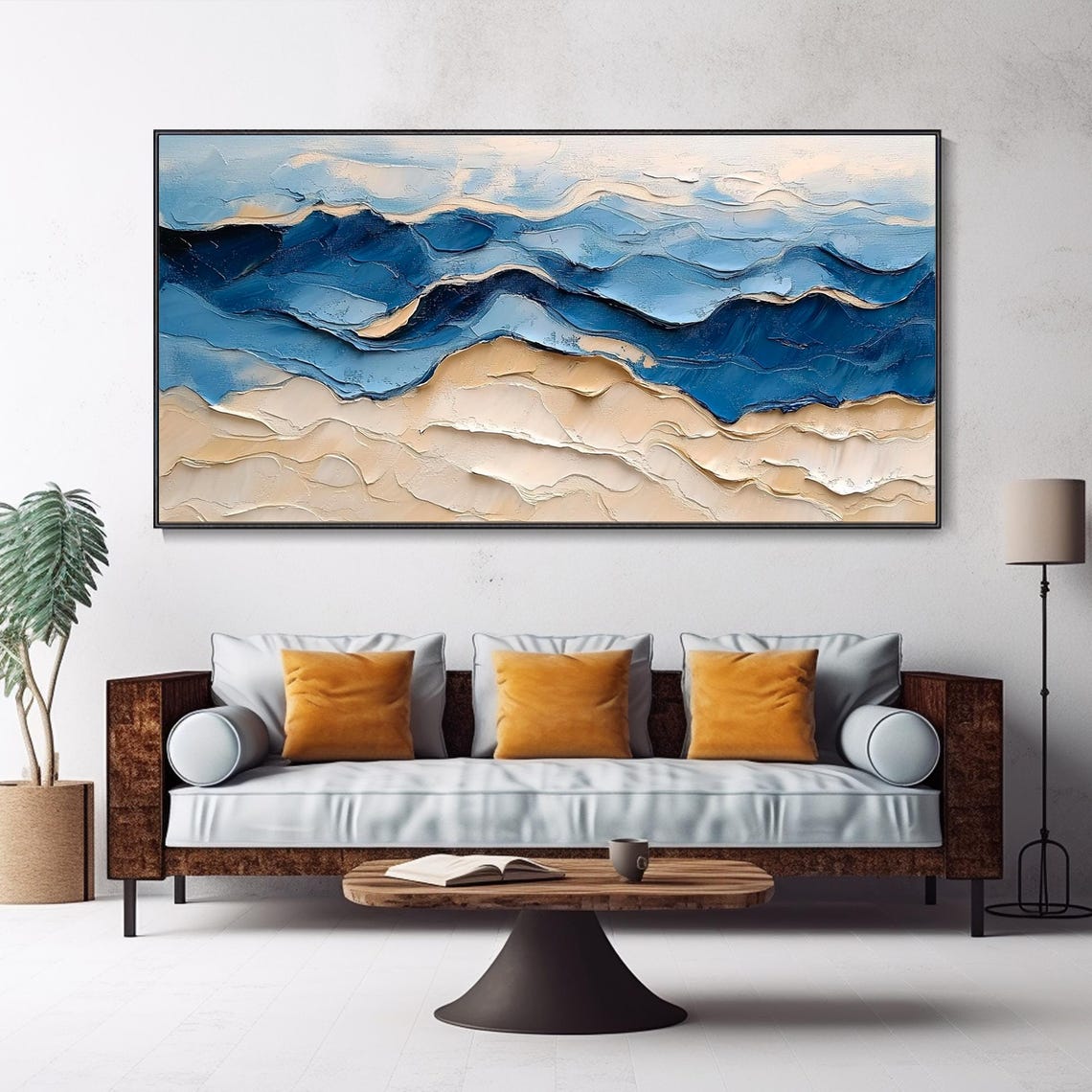 Blue Ocean Waves Over Sand Dunes Textured Coastal Art Poster - Image 5