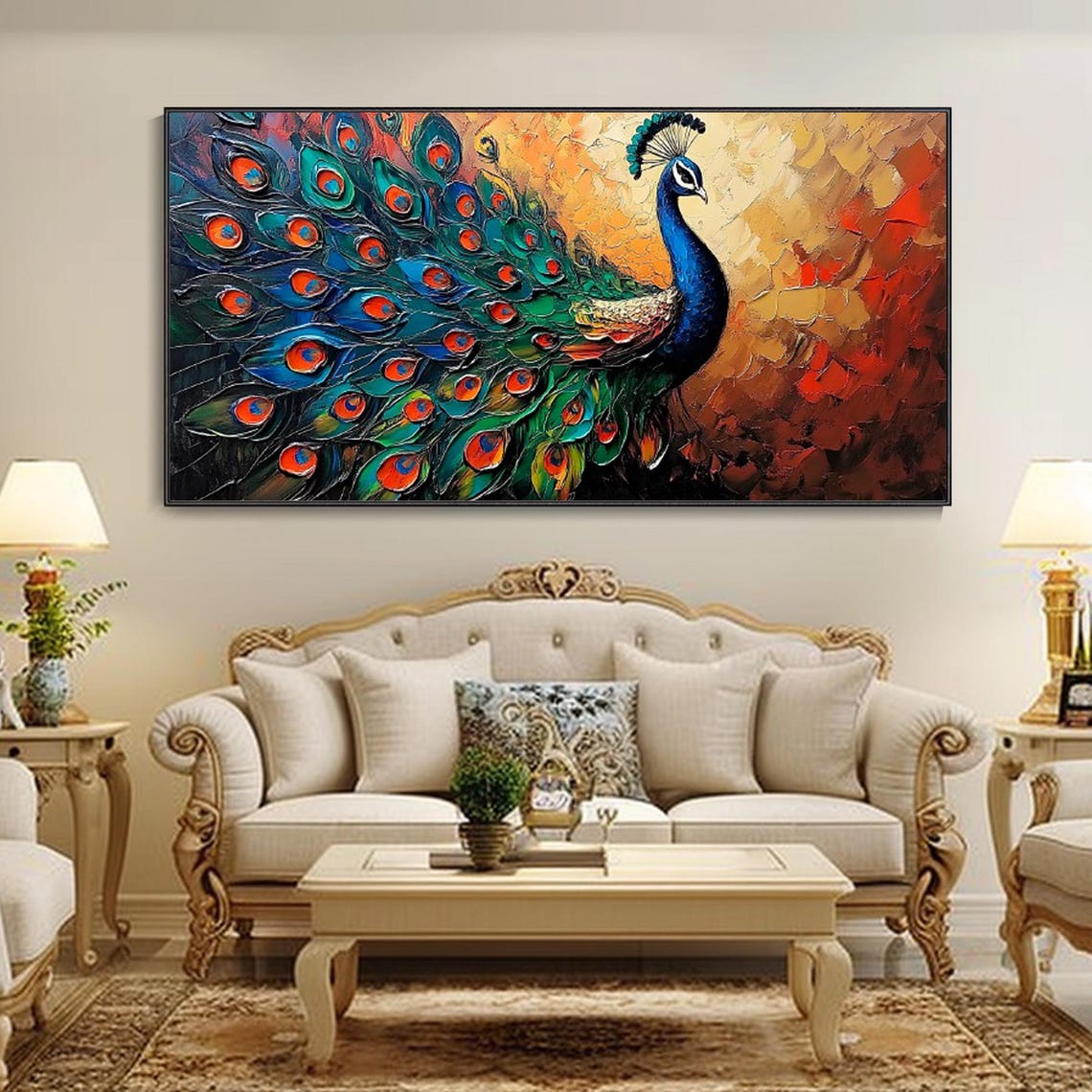 Peacock With Fanned Tail Colorful Textured Animal Art Poster - Image 3