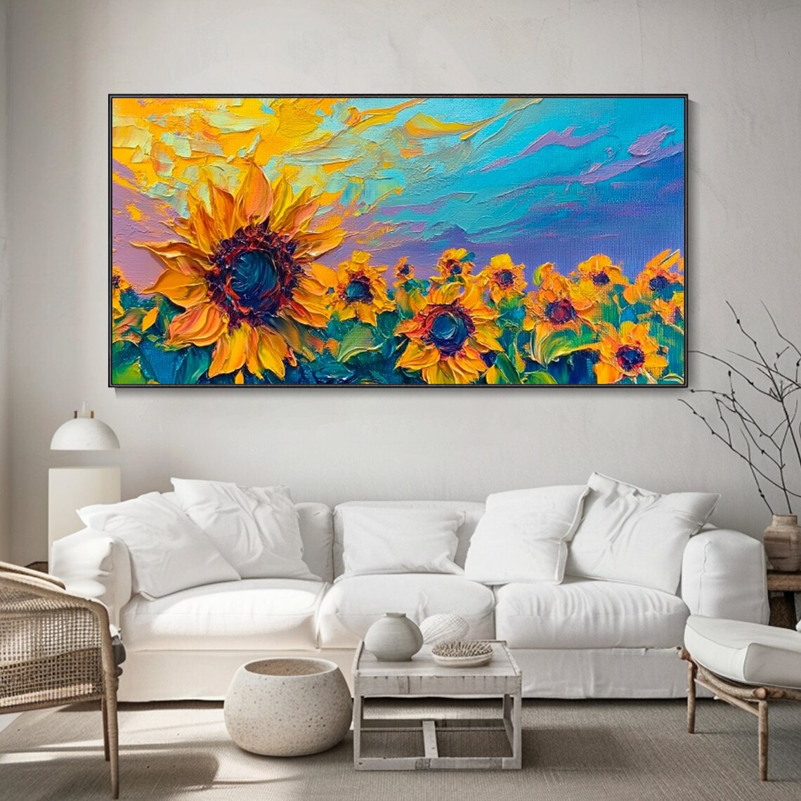 Sunflower Oil Painting Bright Color Texture Knife Painting Artist Original Blue Sky Sunshine Home Decor Flower Theme Wall Art Birthday Gift - Image 2