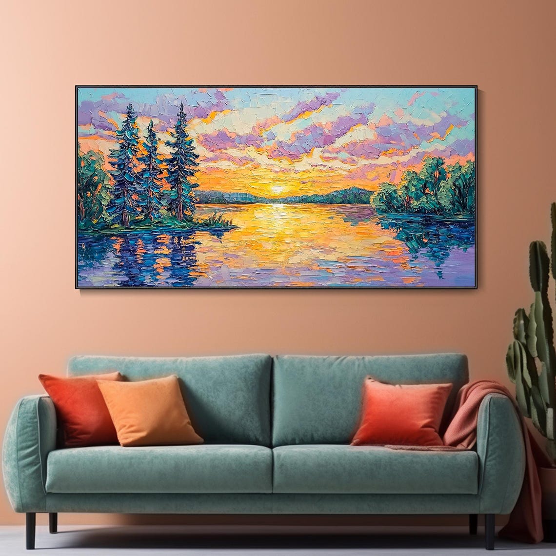 Sunset Lake With Pine Trees Reflections Landscape Art Poster - Image 2