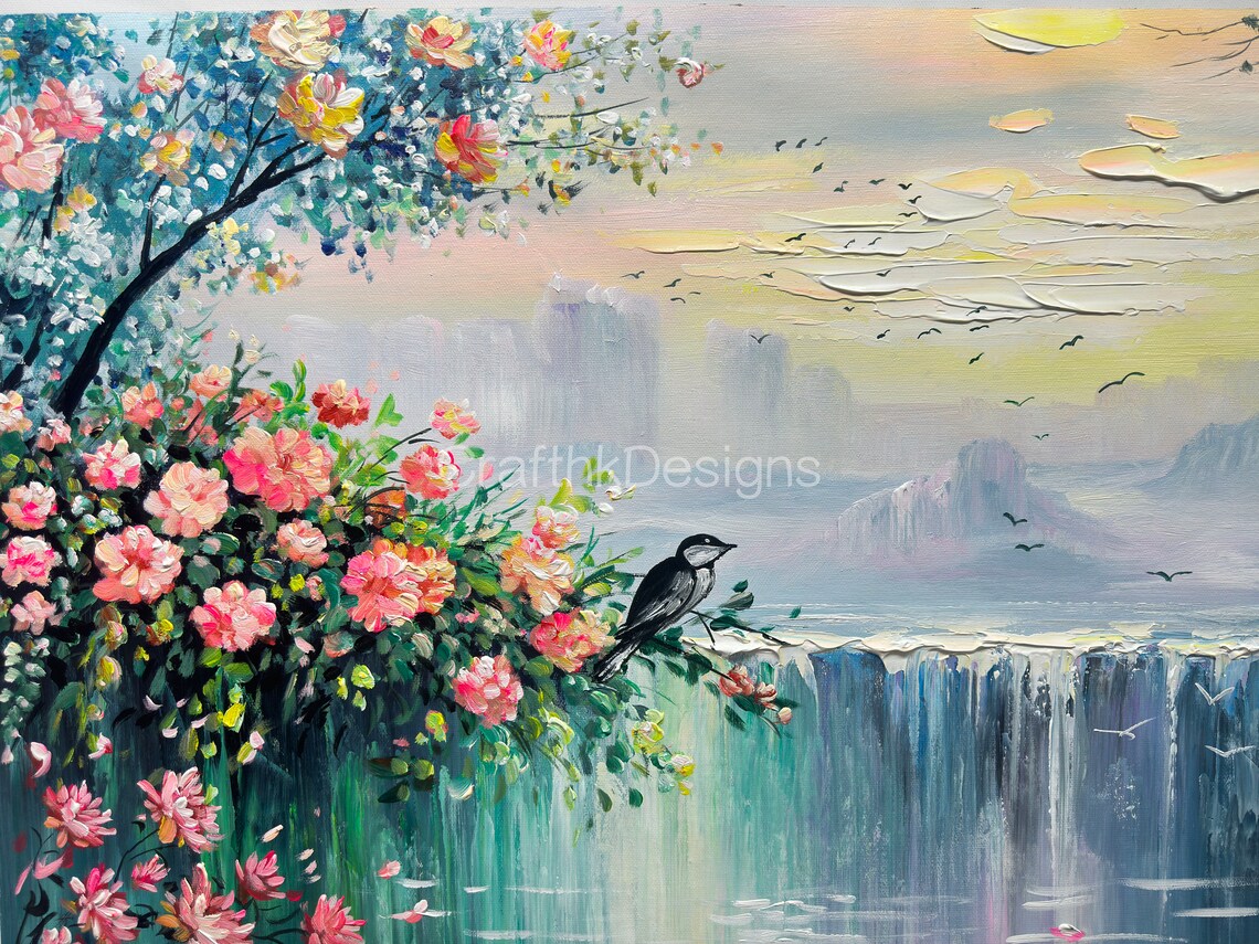 Waterfall Garden Landscape, Oil Painting Art Print - Image 5