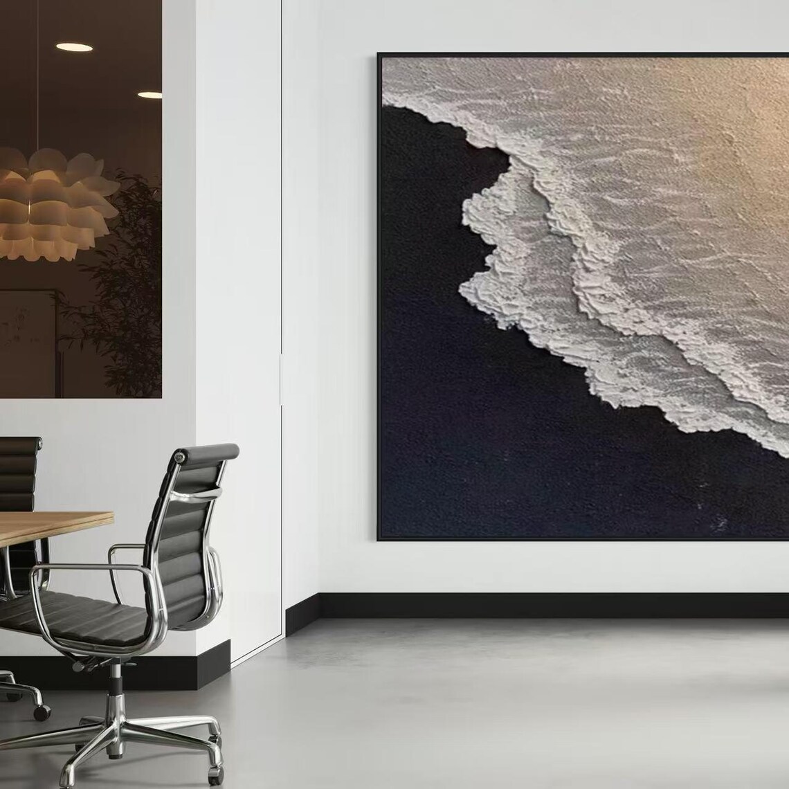 Gold White Foamy Ocean Waves on Black Square Textured Sea Poster