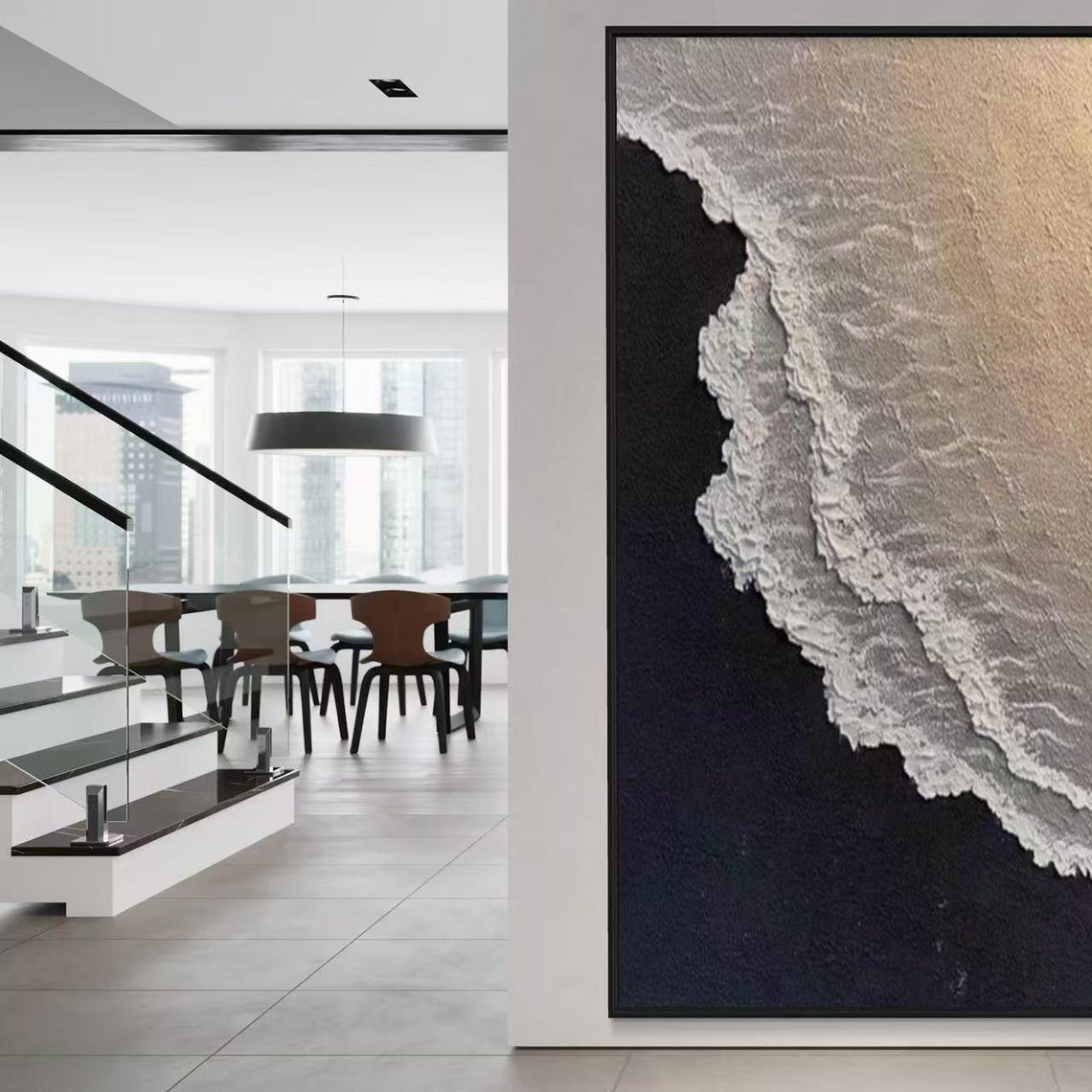 Black Sand Beach White Surf Foamy Waves Textured Vertical Poster