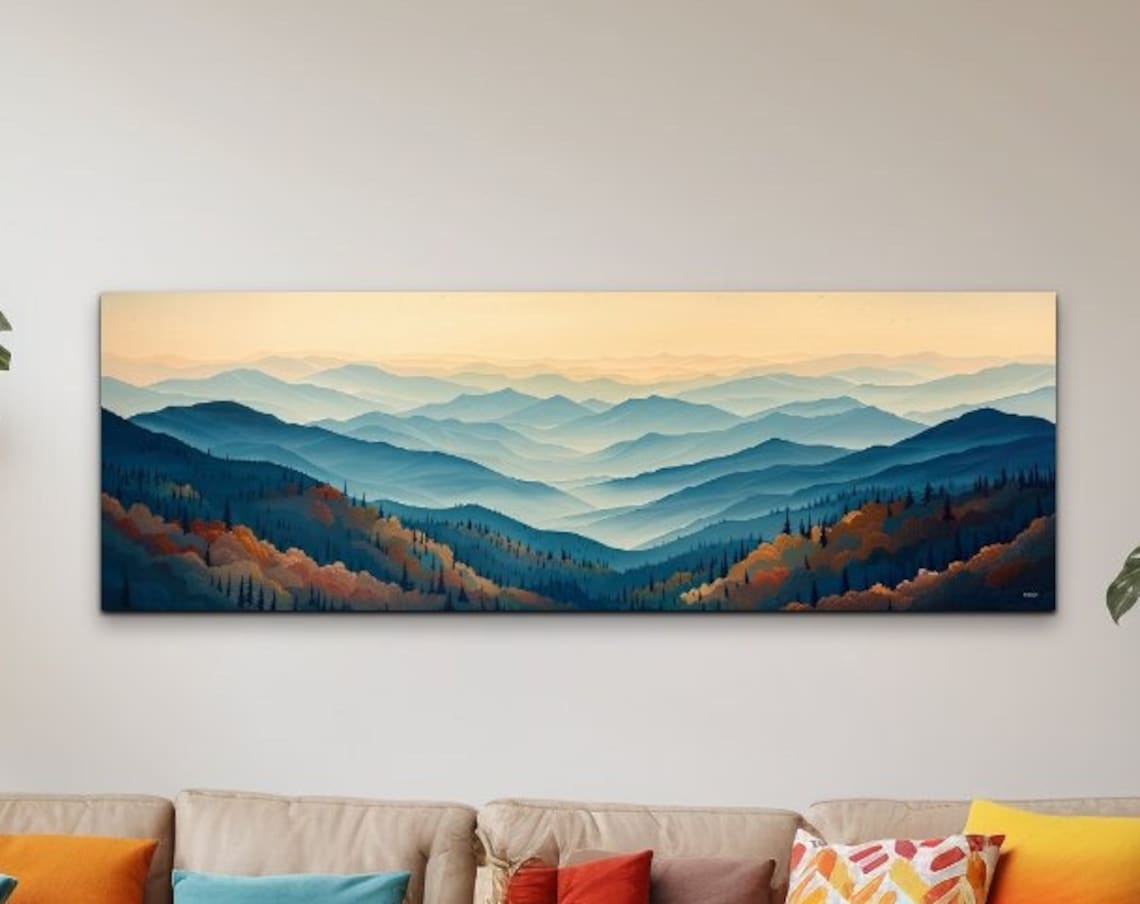 Blue Layered Mountain Ridges Misty Morning Panorama Wall Art