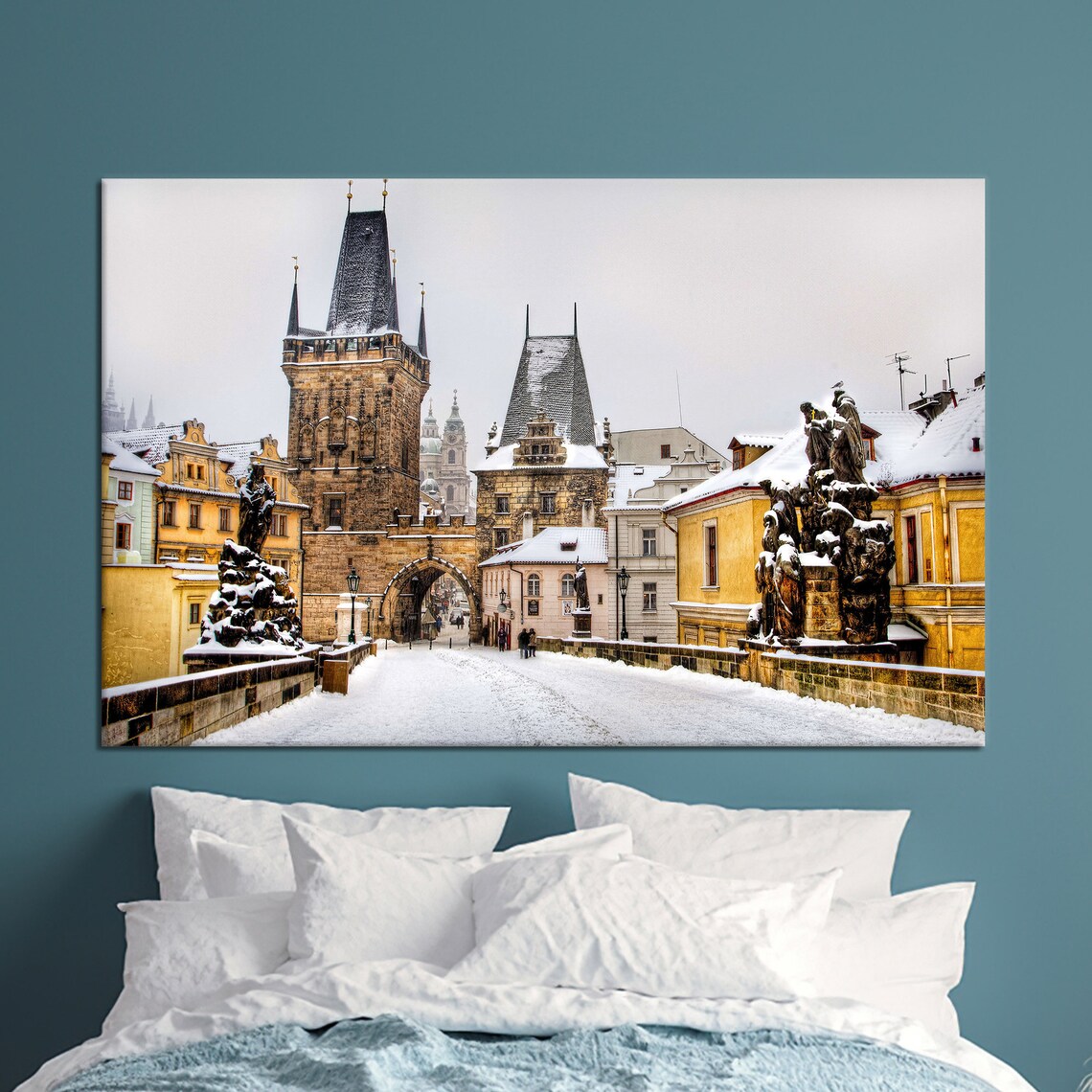 Snow Covered Charles Bridge In Prague Winter Cityscape Photography Poster