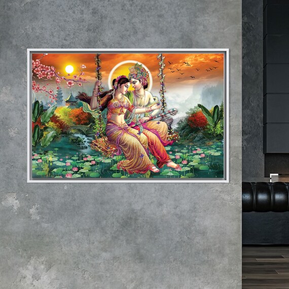 Radha Krishna Swing Lotus Pond Sunset Hindu Devotional Poster