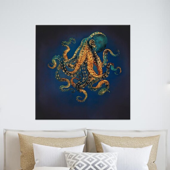 Golden Octopus On Deep Navy Elegant Sea Life Metallic Art Poster