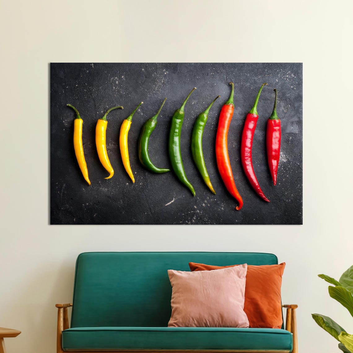 Colorful Chili Peppers Row Black Background Modern Kitchen Print