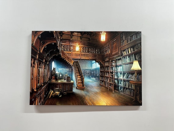 Vintage Grand Library Interior Bookshelves Staircase Warm Lamp Art Poster