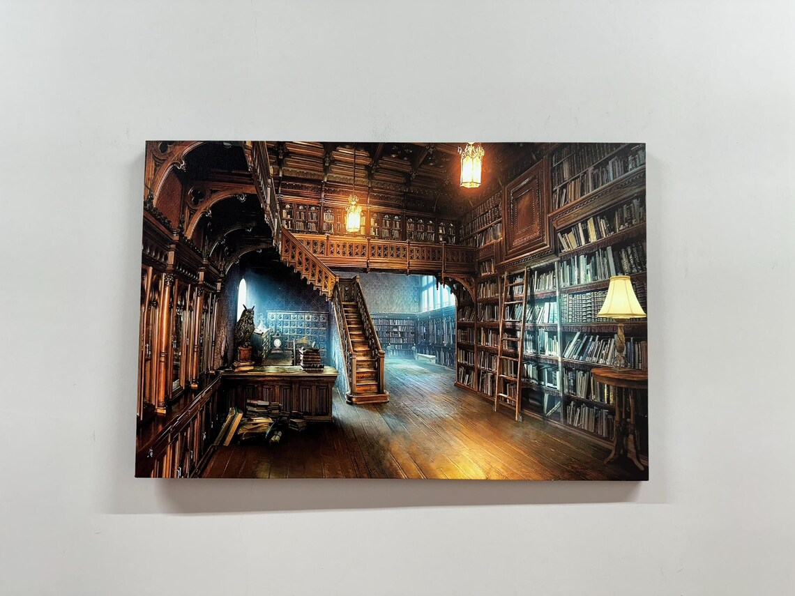 Vintage Grand Library Interior Bookshelves Staircase Warm Lamp Art Poster