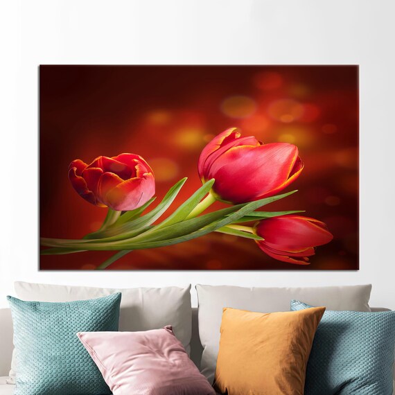 Red Tulip Flowers Close-Up Dark Moody Floral Wall Decor Poster