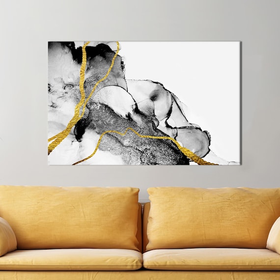 Black White Marble Alcohol Ink Abstract Gold Accent Modern Wall Art