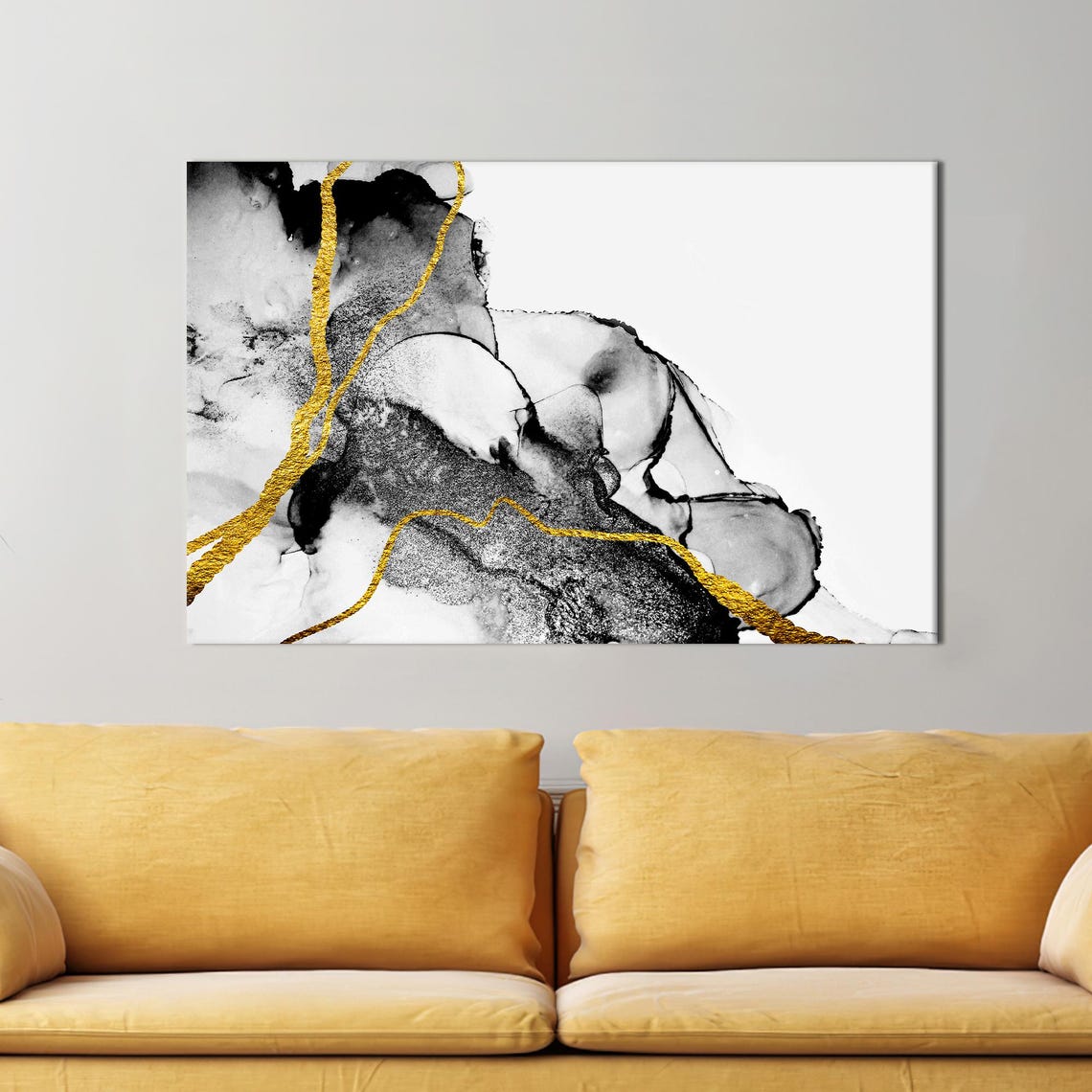 Black White Marble Alcohol Ink Abstract Gold Accent Modern Wall Art
