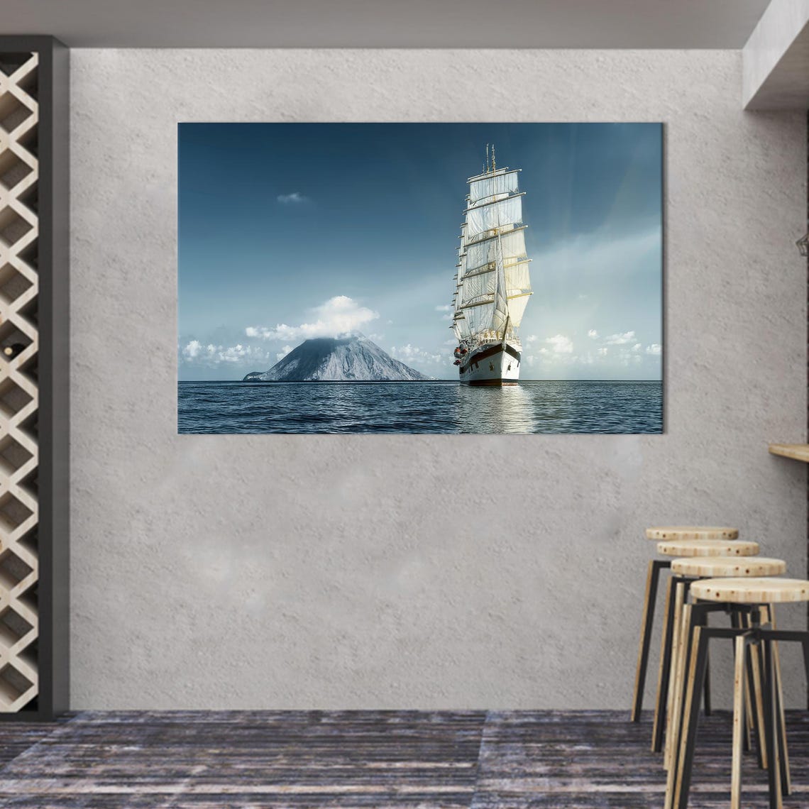 Tall Sailing Ship Ocean Voyage Volcanic Island Seascape Wall Art