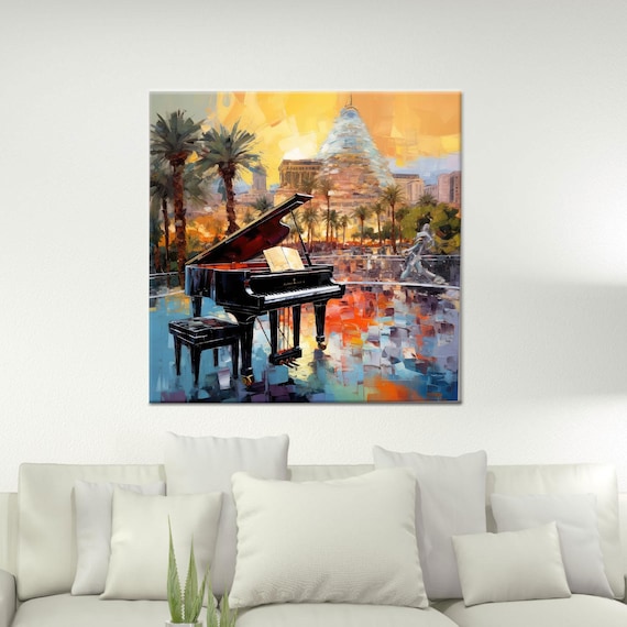 Black Grand Piano Terrace Cityscape Sunset Impressionist Poster