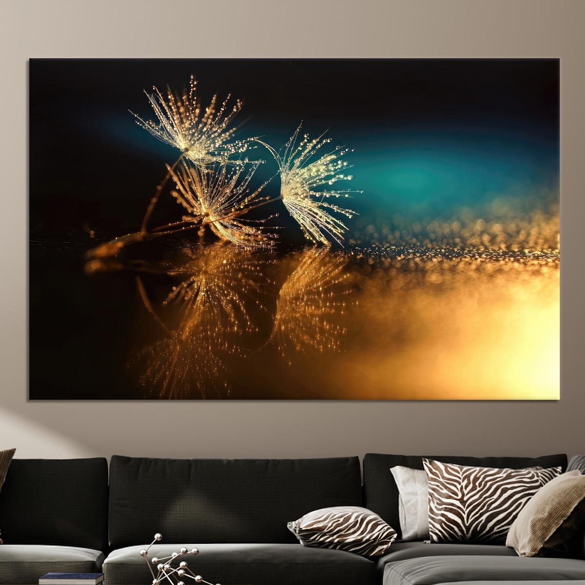 Golden Dandelion Seeds Dew Drops Macro Night Glow Photo Art Poster