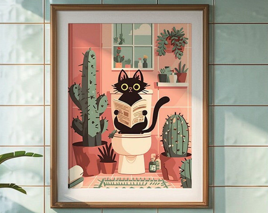 Black Cat Reading Paper on Toilet Between Cacti Funny Poster - Image 3
